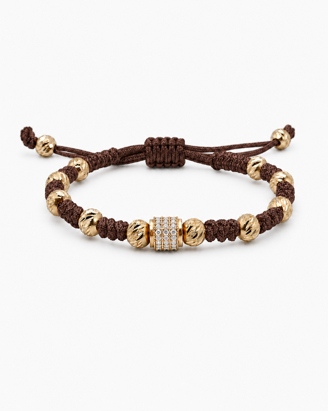 Brown braided bracelet with gold beads on a white background #Color_Brown