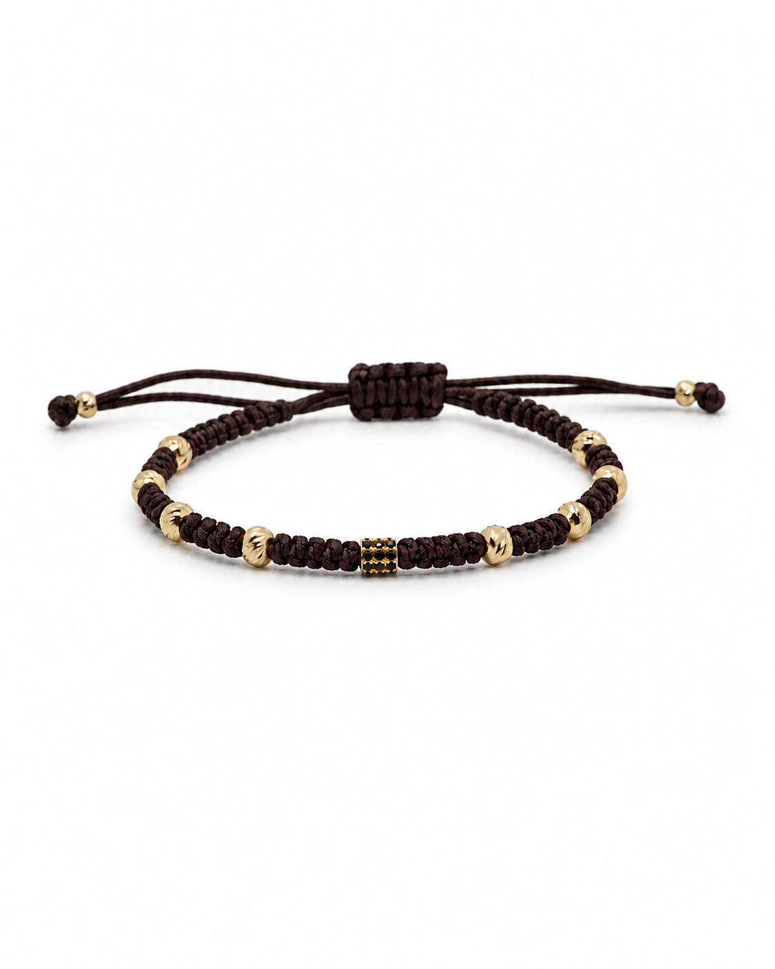 Dark brown macrame bracelet with gold beads on a white background #Color_Dark Brown