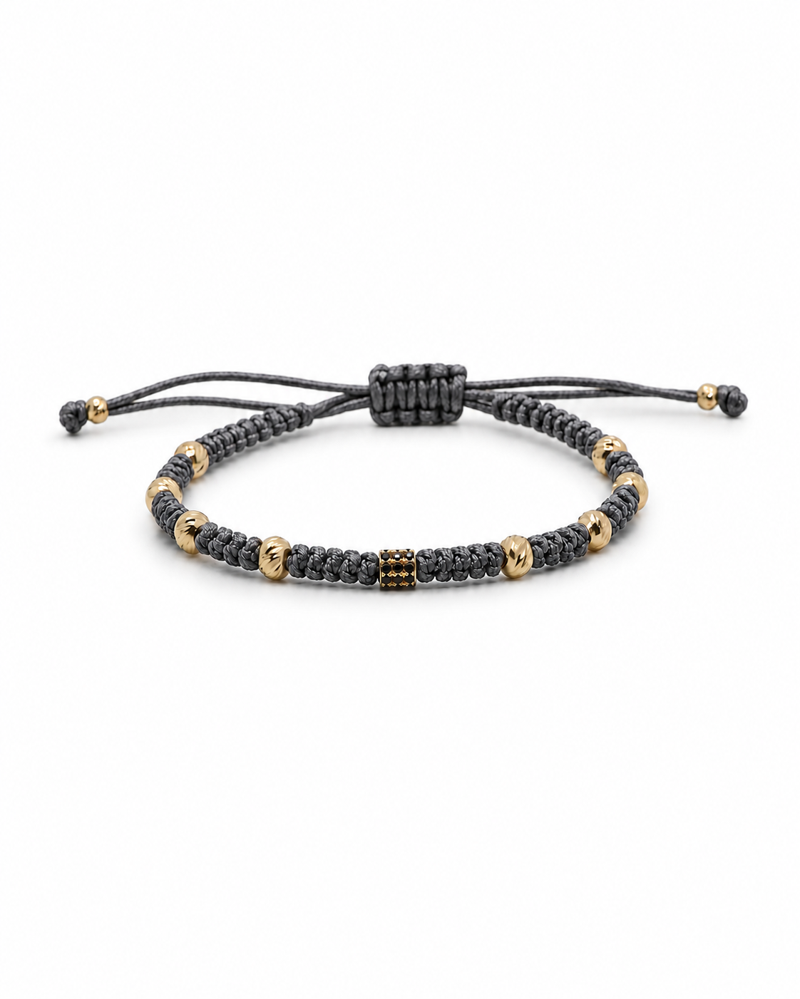 Dark grey macrame bracelet with gold beads on a white background #Color_Dark Grey