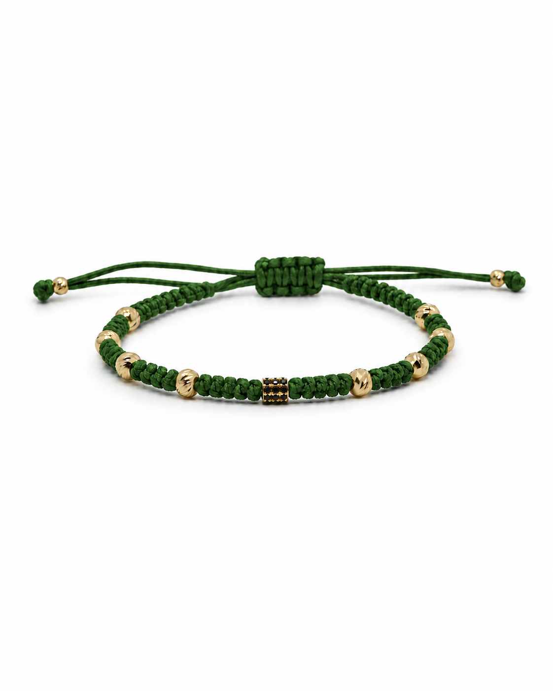 Green macrame bracelet with gold beads on a white background #Color_Green