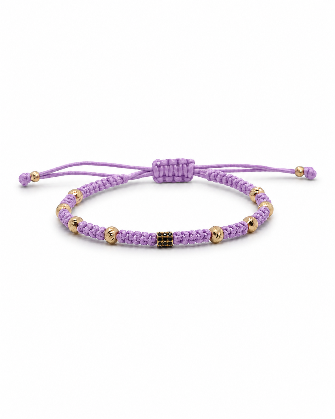 Light lavender macrame bracelet with gold beads on a white background #Color_Light Lavender