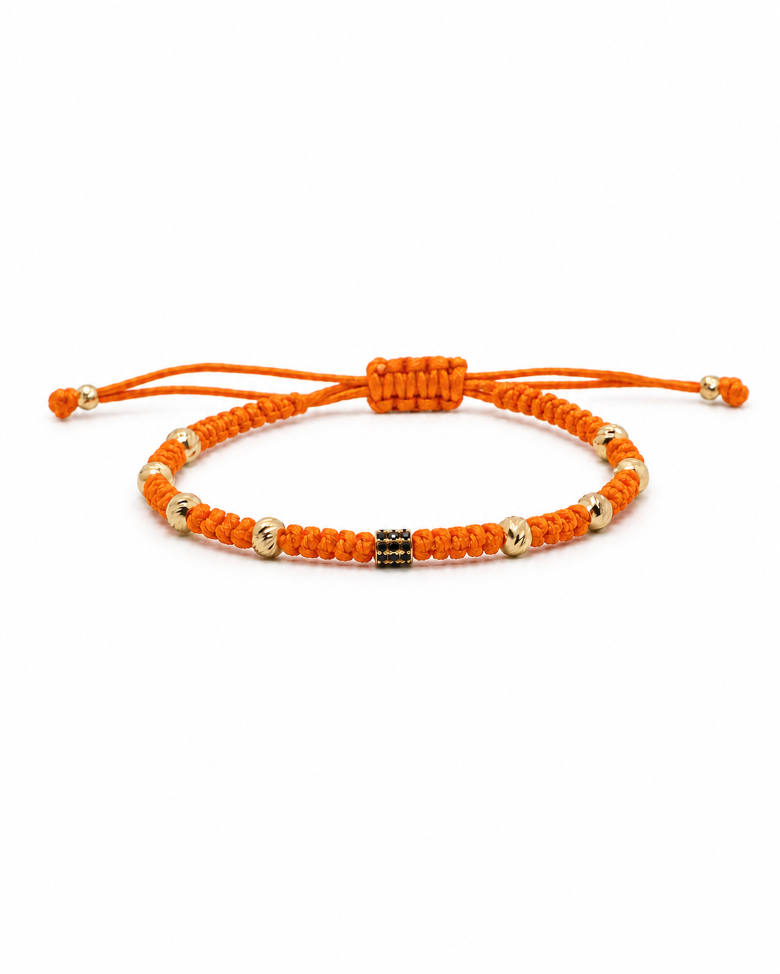 Orange macrame bracelet with gold beads on a white background #Color_Orange