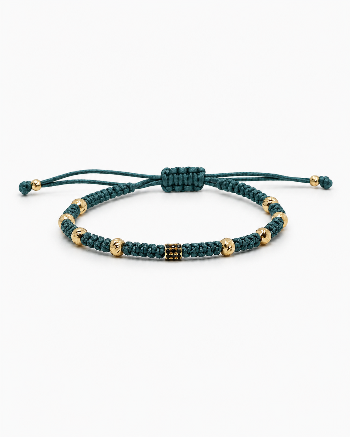 Petrol blue macrame bracelet with gold beads on a white background #Color_Petrol Blue