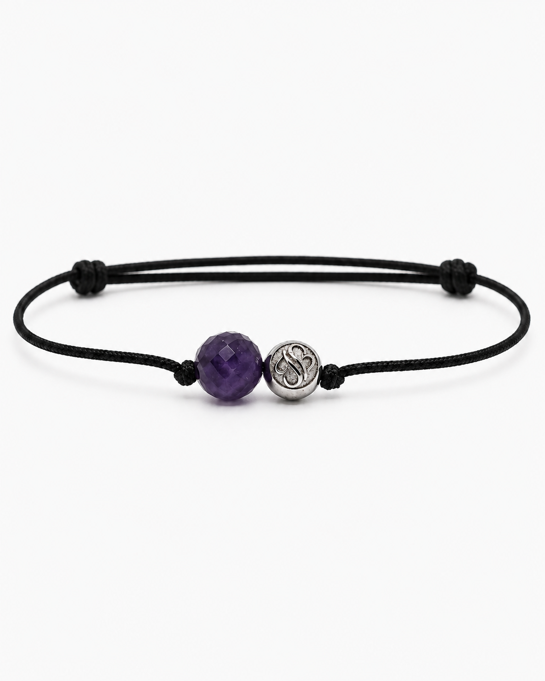 Black macrame cord with white gold bead and amethyst gemstone