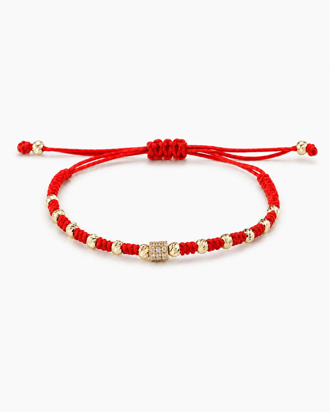 Red bracelet with gold beads on a white background #Color_Red