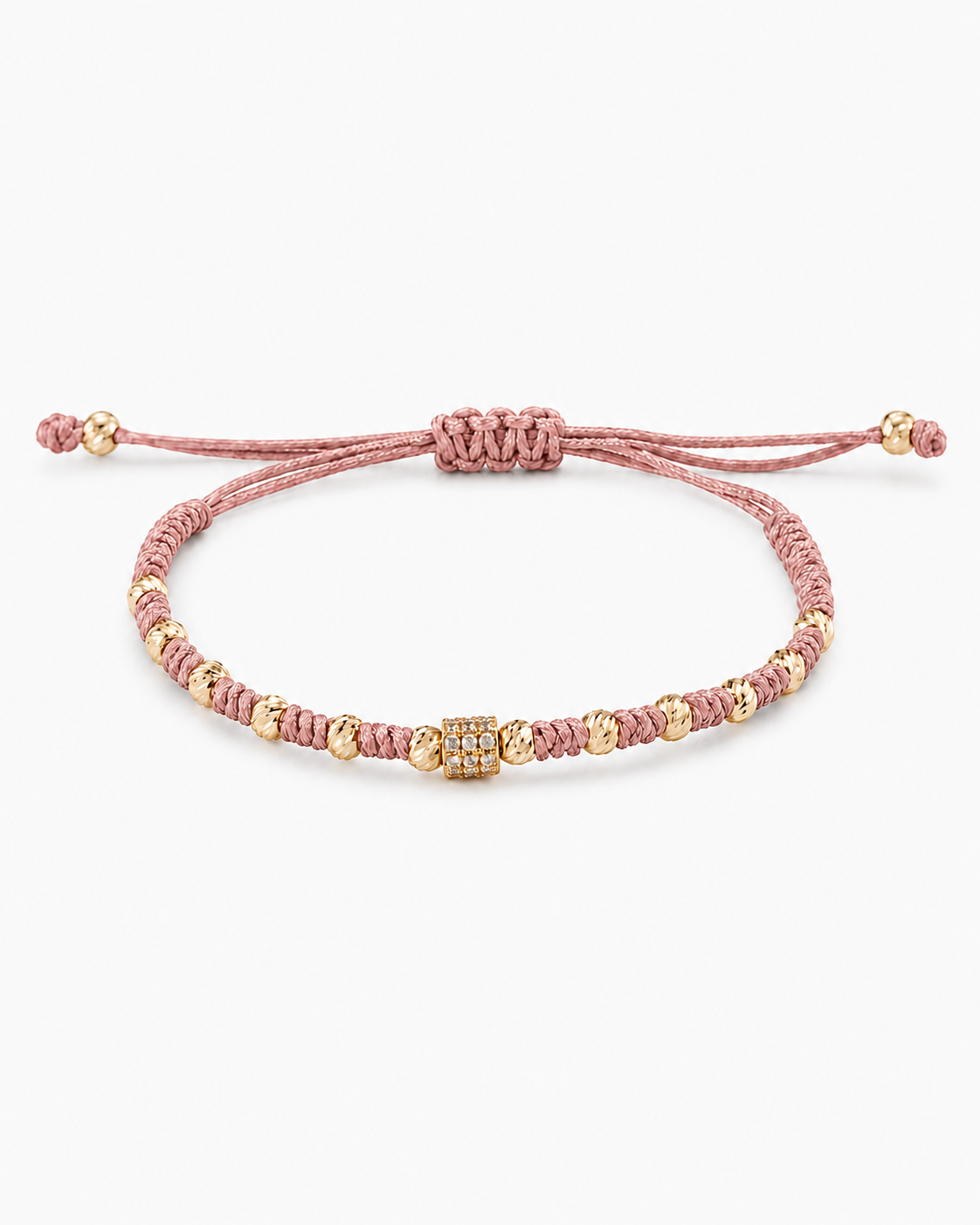 Pink beaded bracelet with gold accents on a white background #Color_Rose Gold
