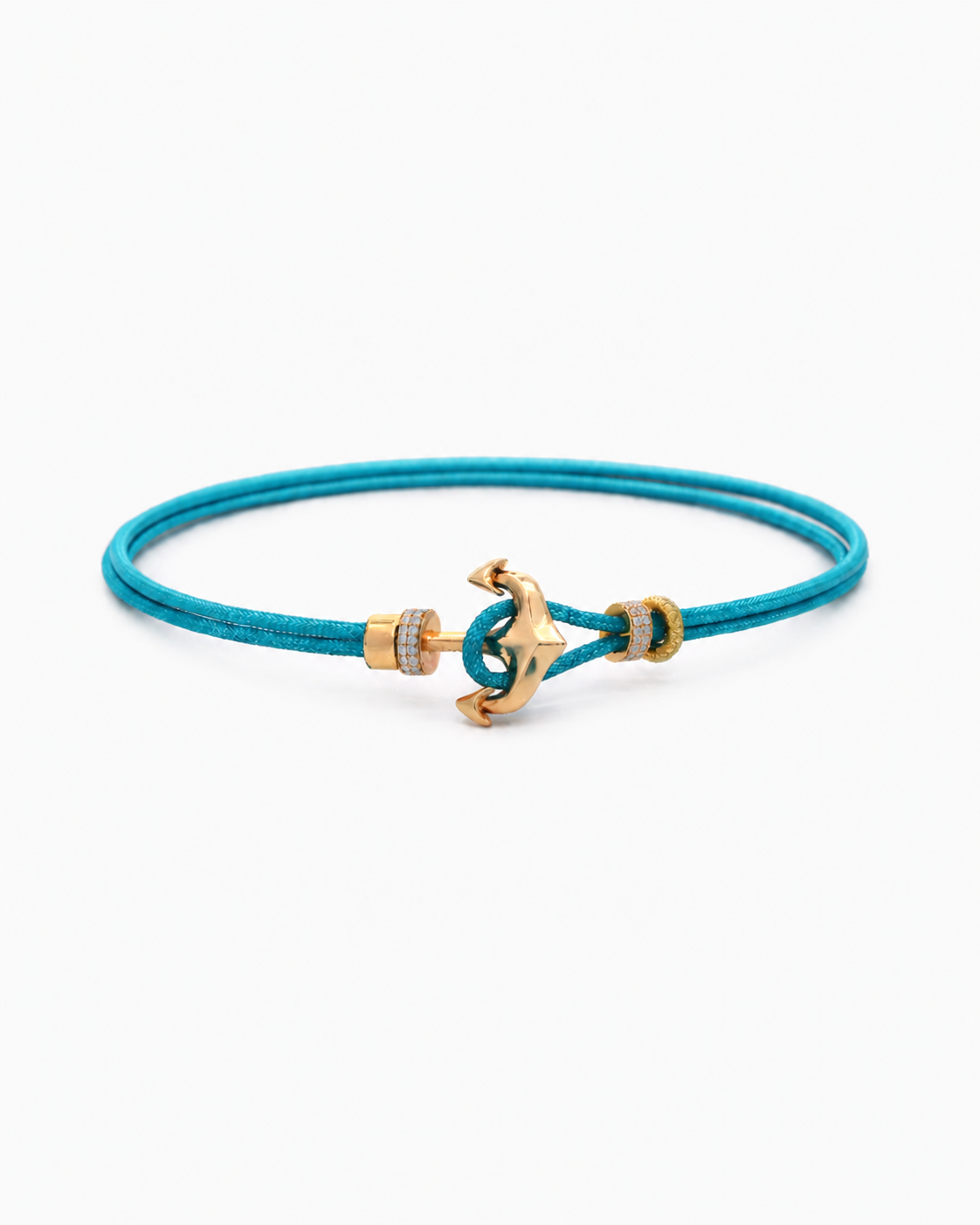 Turquoise bracelet with a gold anchor clasp on a white background #Color_Turquise