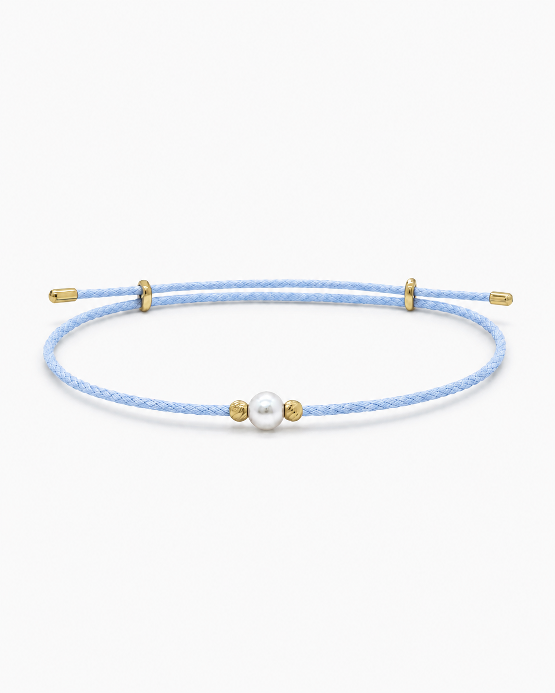 Light blue bracelet with a pearl and gold accents on a white background #Color_
