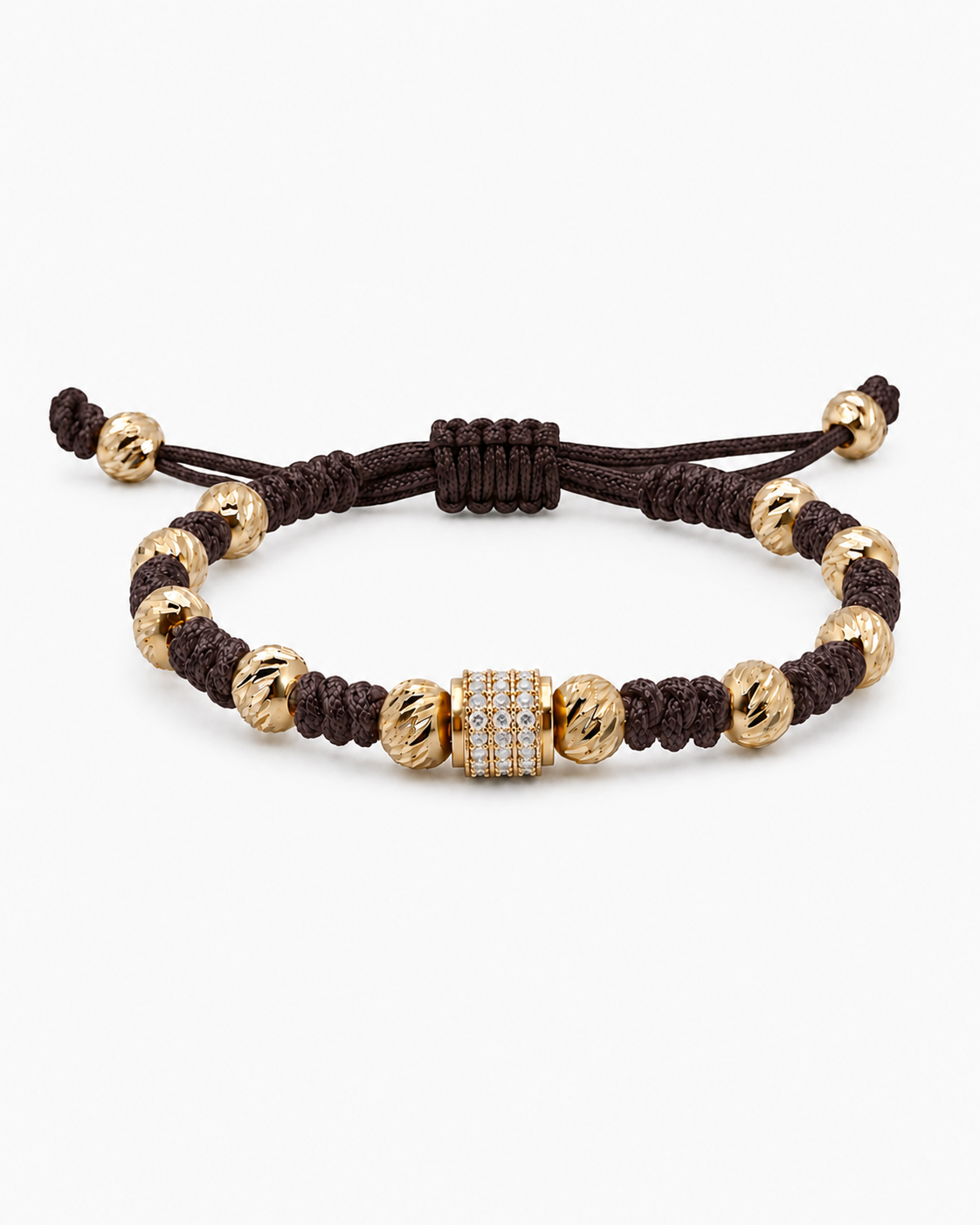 Bracelet with gold beads and a diamond-studded clasp on a white background #Color_Dark Brown