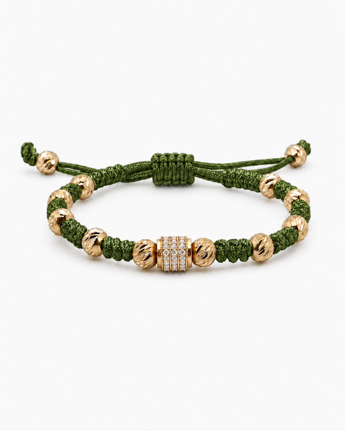 Green bracelet with gold beads on a white background #Color_Green
