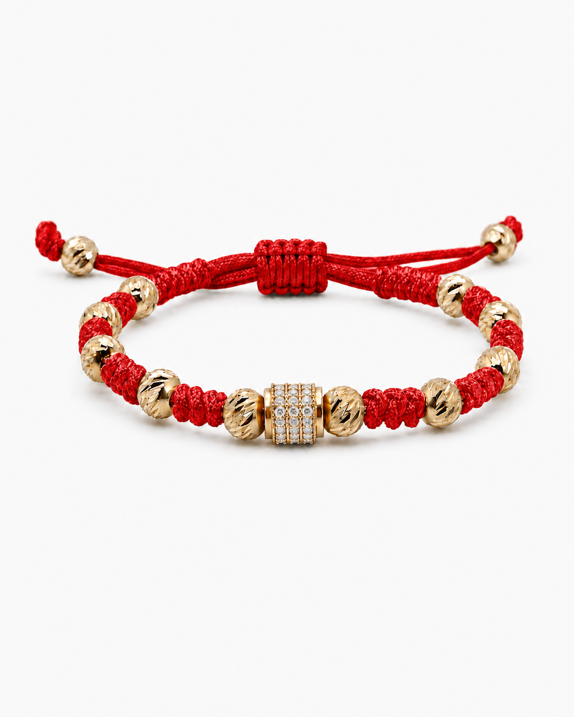 Red bracelet with gold beads on a white background #Color_Red