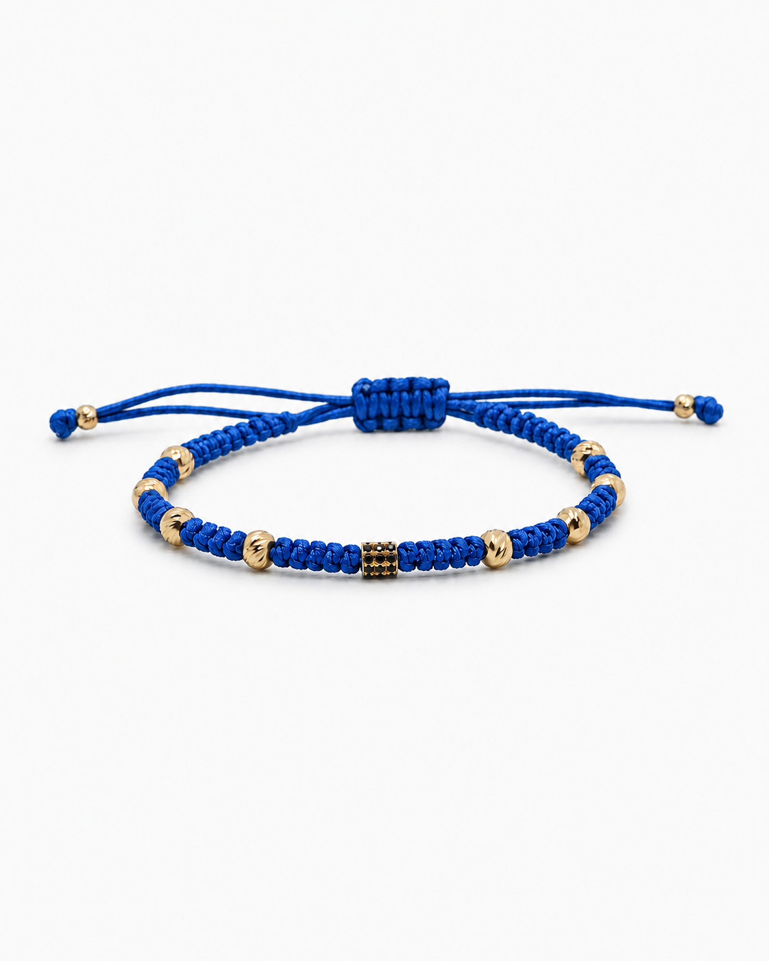 Blue macrame bracelet with gold beads on a white background #Color_Blue