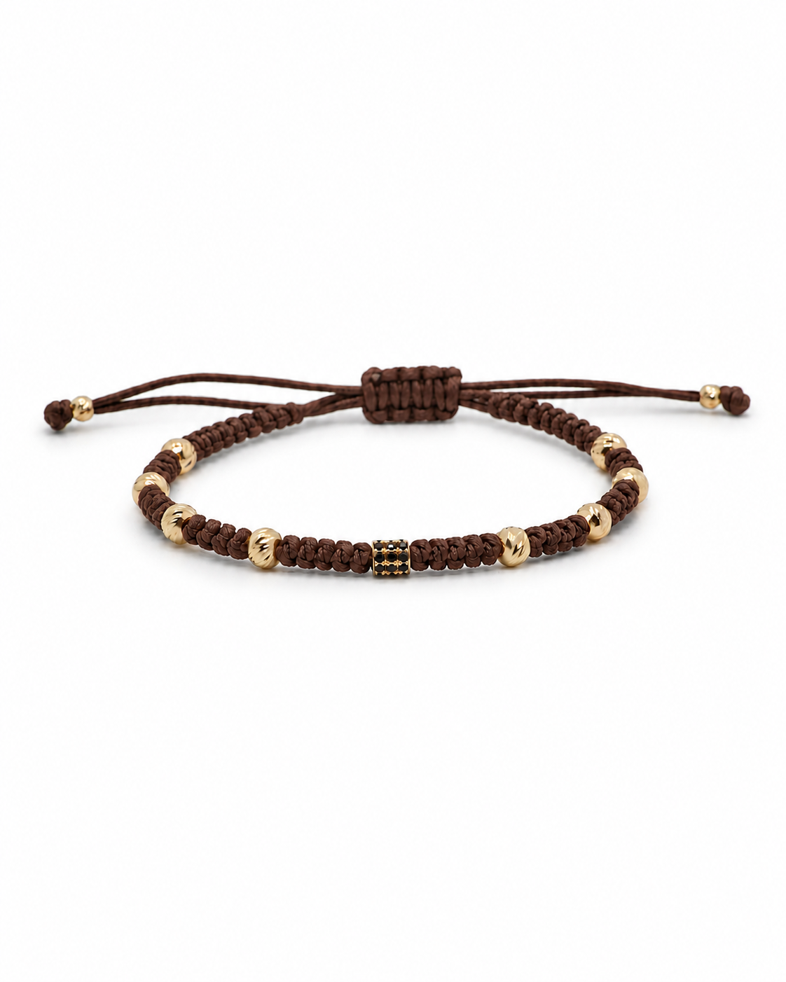 Brown macrame bracelet with gold and black beads on a white background #Color_Brown