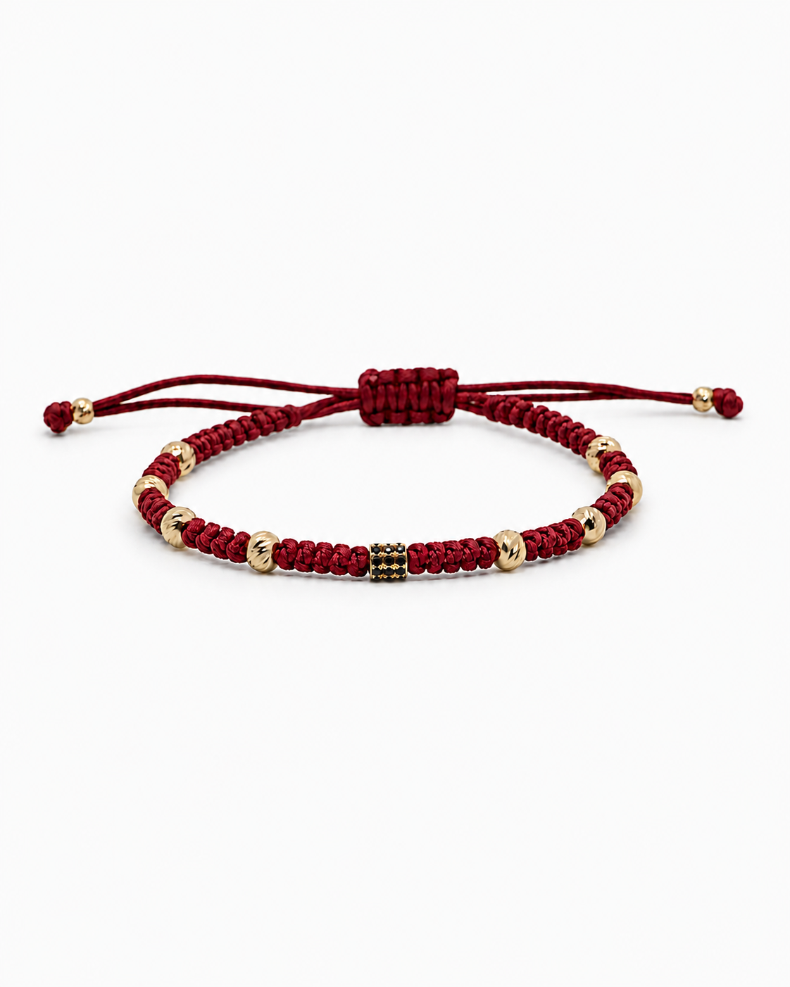 Burgundy macrame bracelet with gold and black beads on a white background #Color_Burgundy
