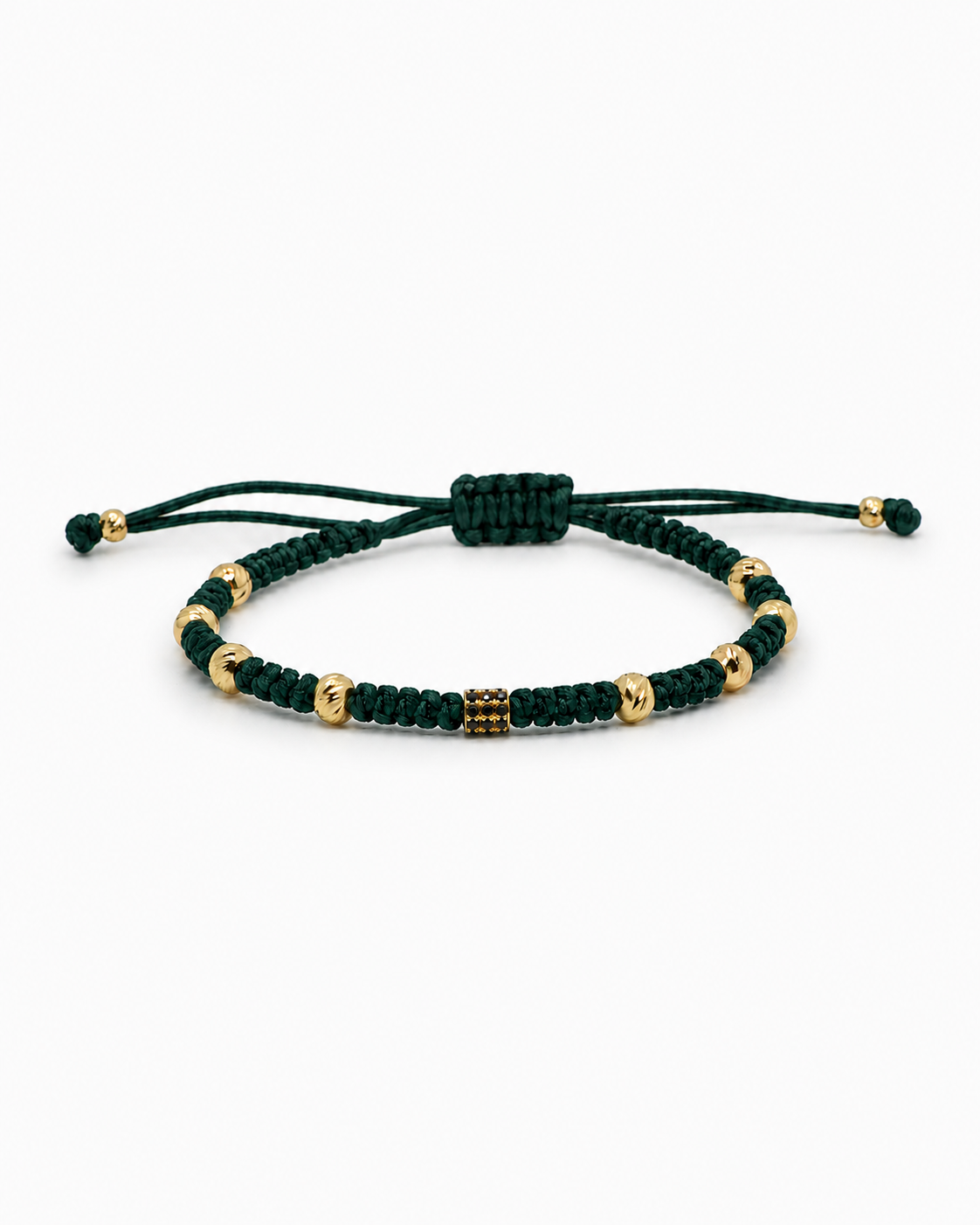 Dark green macrame bracelet with gold beads on a white background #Color_Dark Green