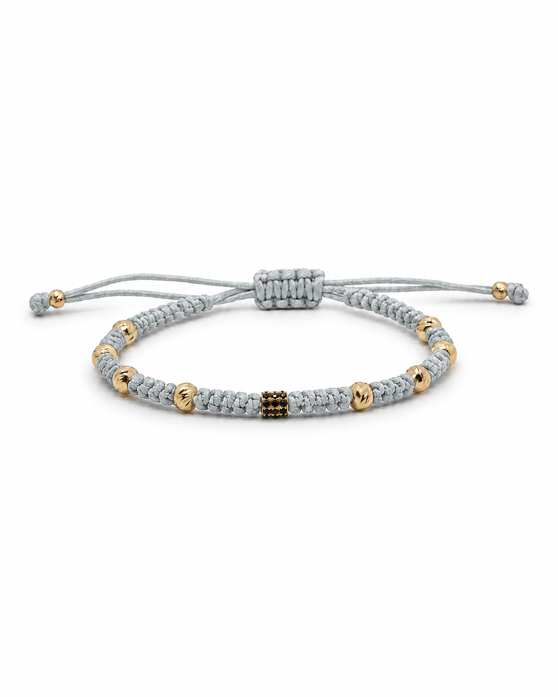 Gray macrame bracelet with gold beads on a white background #Color_Grey