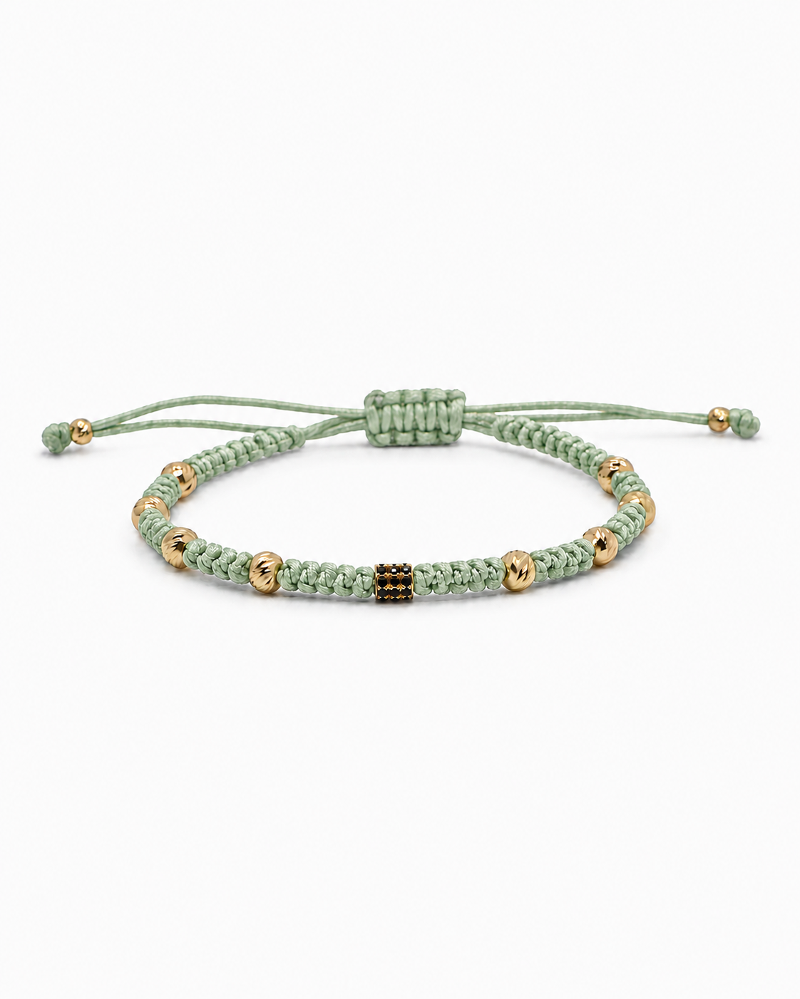 Lime green macrame bracelet with gold beads on a white background #Color_Lime Green
