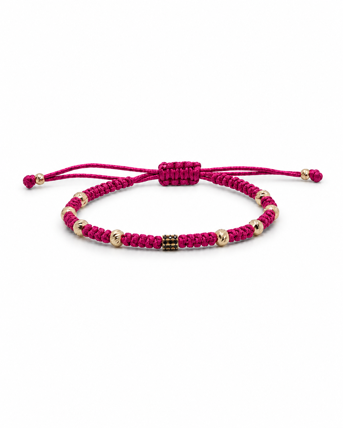 Magenta macrame bracelet with gold beads on a white background #Color_Magenta