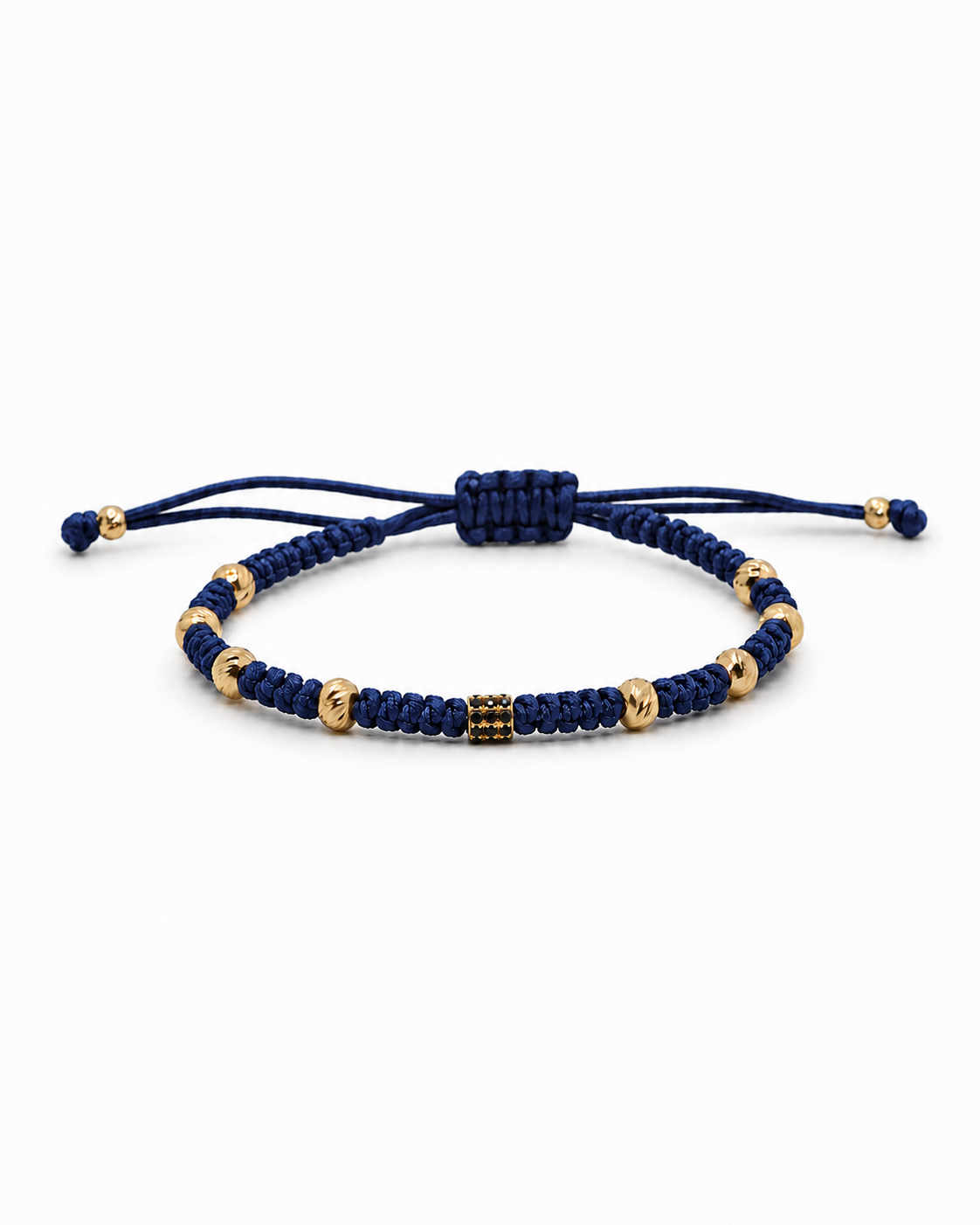 Navy macrame bracelet with gold beads on a white background #Color_Navy