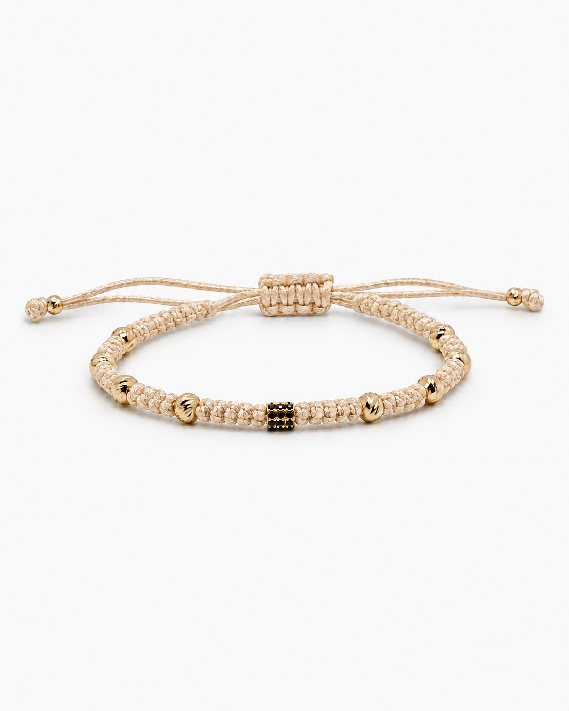 Nude macrame bracelet with gold beads on a white background #Color_Nude
