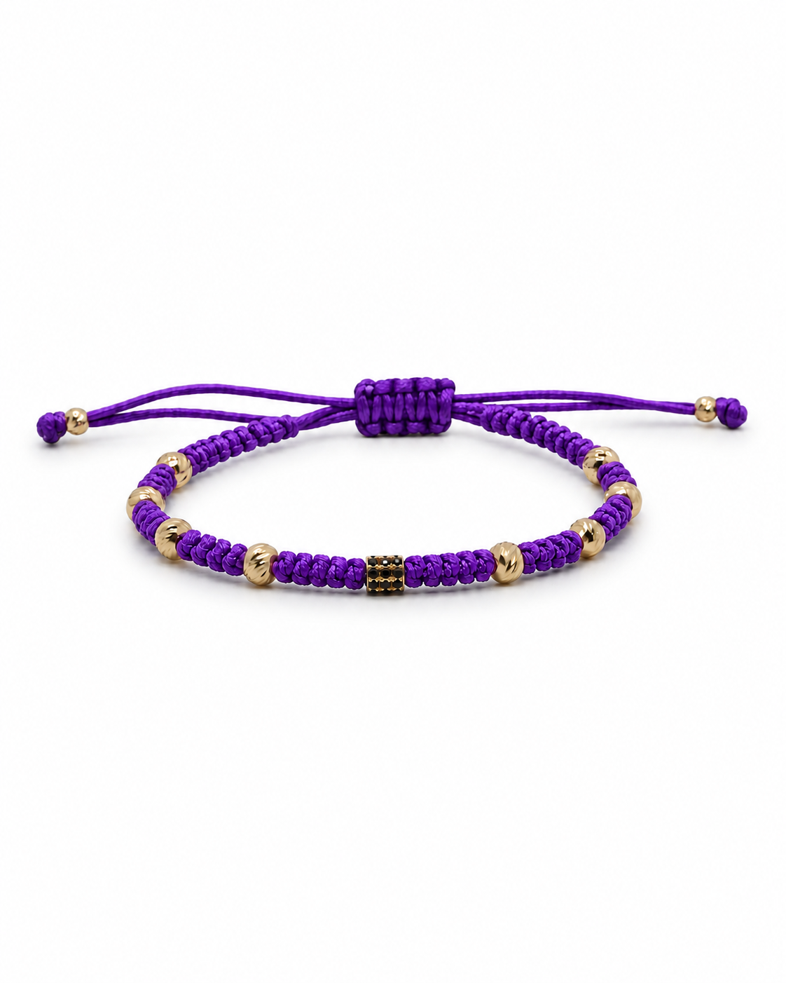 Purple macrame bracelet with gold beads on a white background #Color_Purple