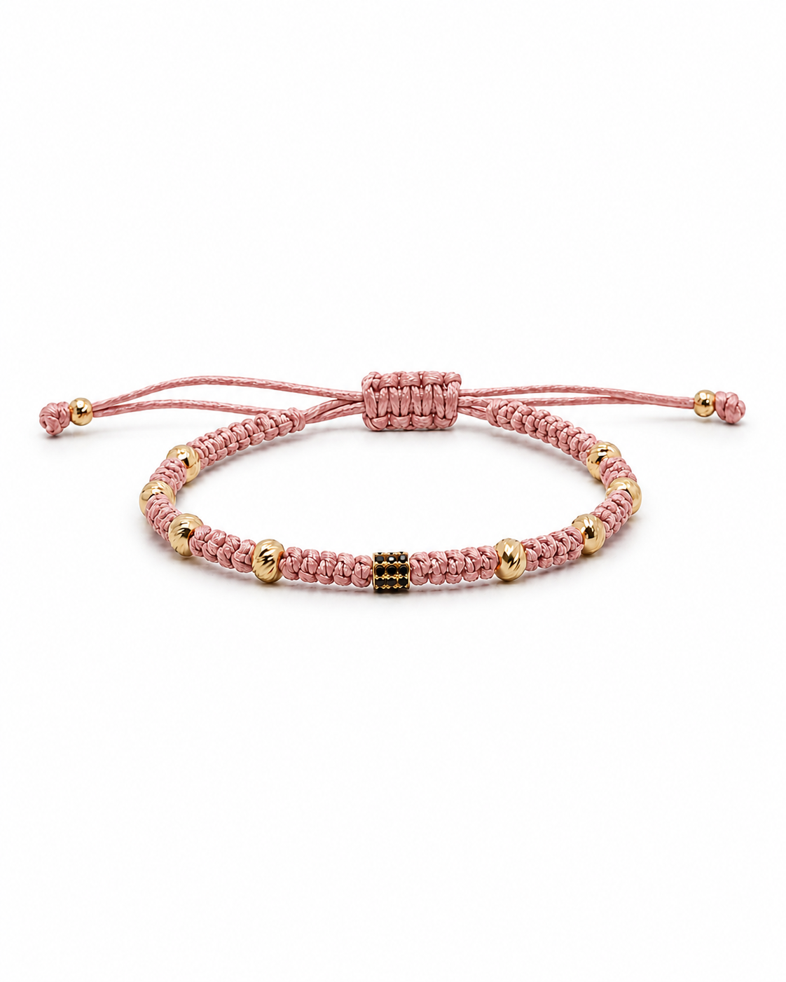 Rosegold macrame bracelet with gold beads on a white background #Color_Rose Gold
