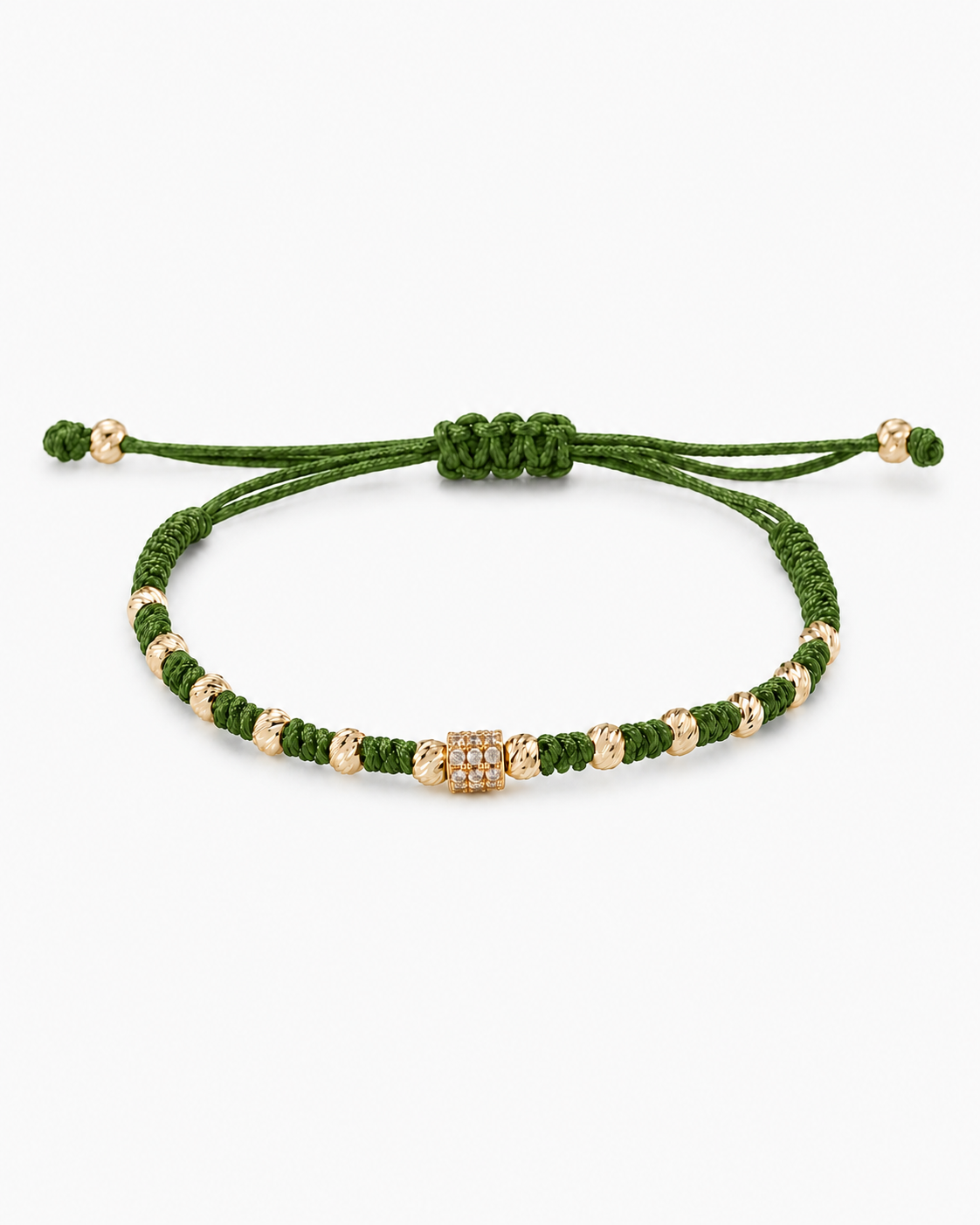 Green bracelet with gold beads on a white background #Color_Green