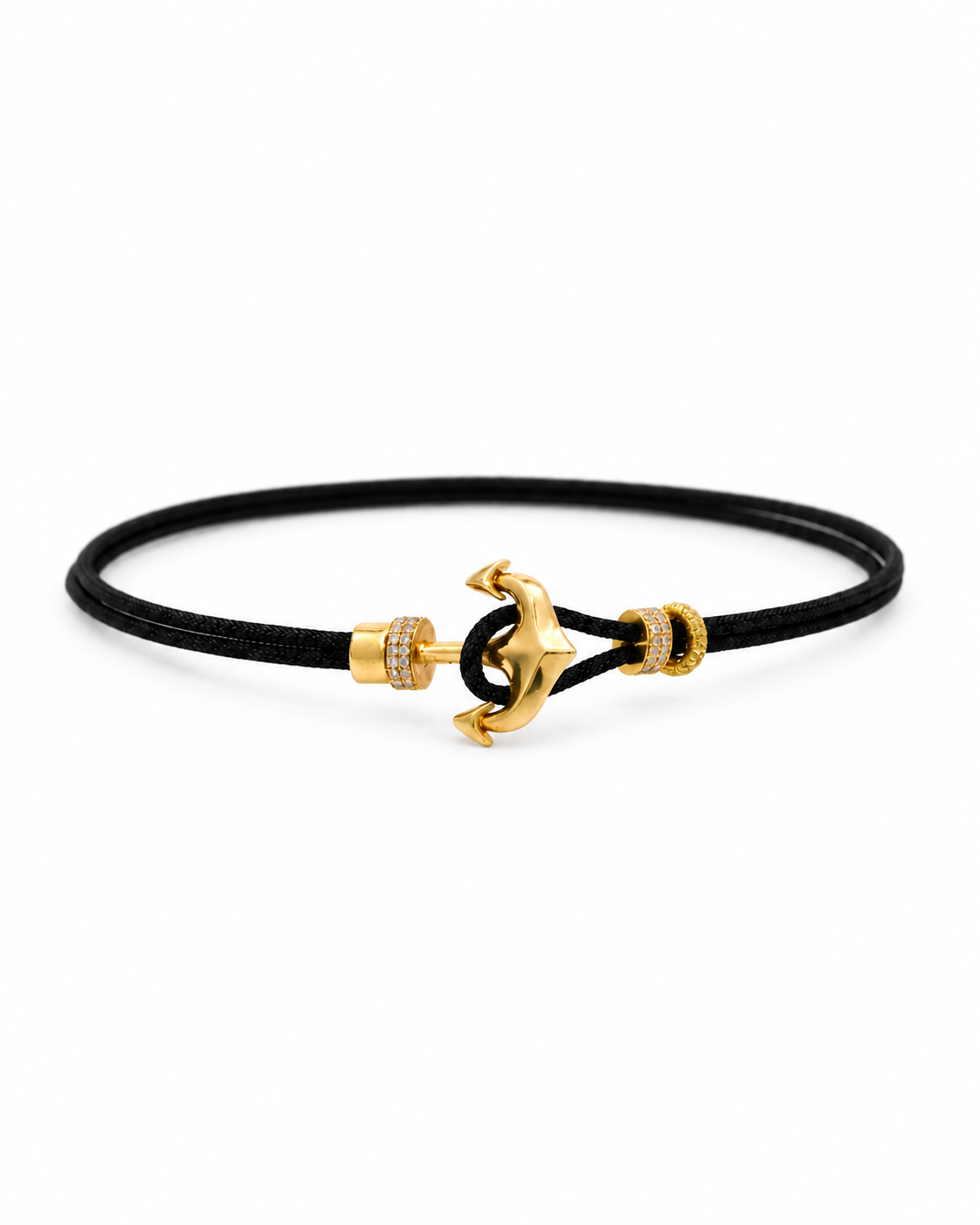 Bracelet with gold anchor clasp on a black cord against a white background #Color_Black