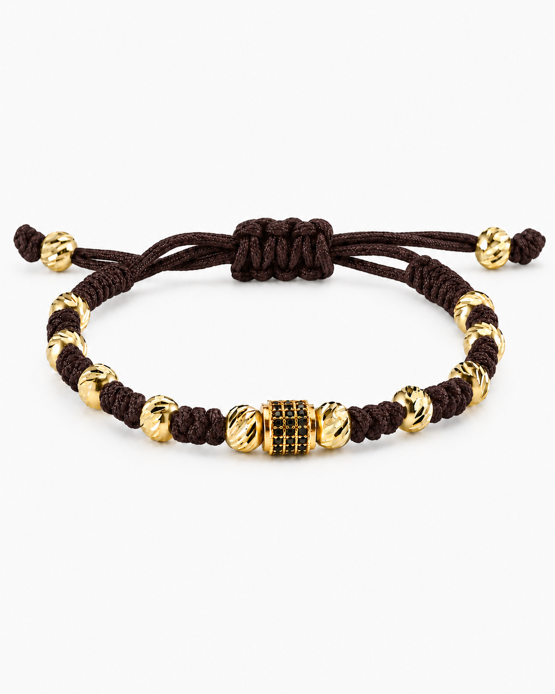 Brown braided bracelet with gold beads on a white background #Color_Dark Brown