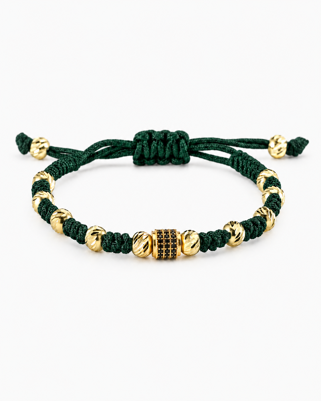 Green braided bracelet with gold beads on a white background #Color_Dark Green