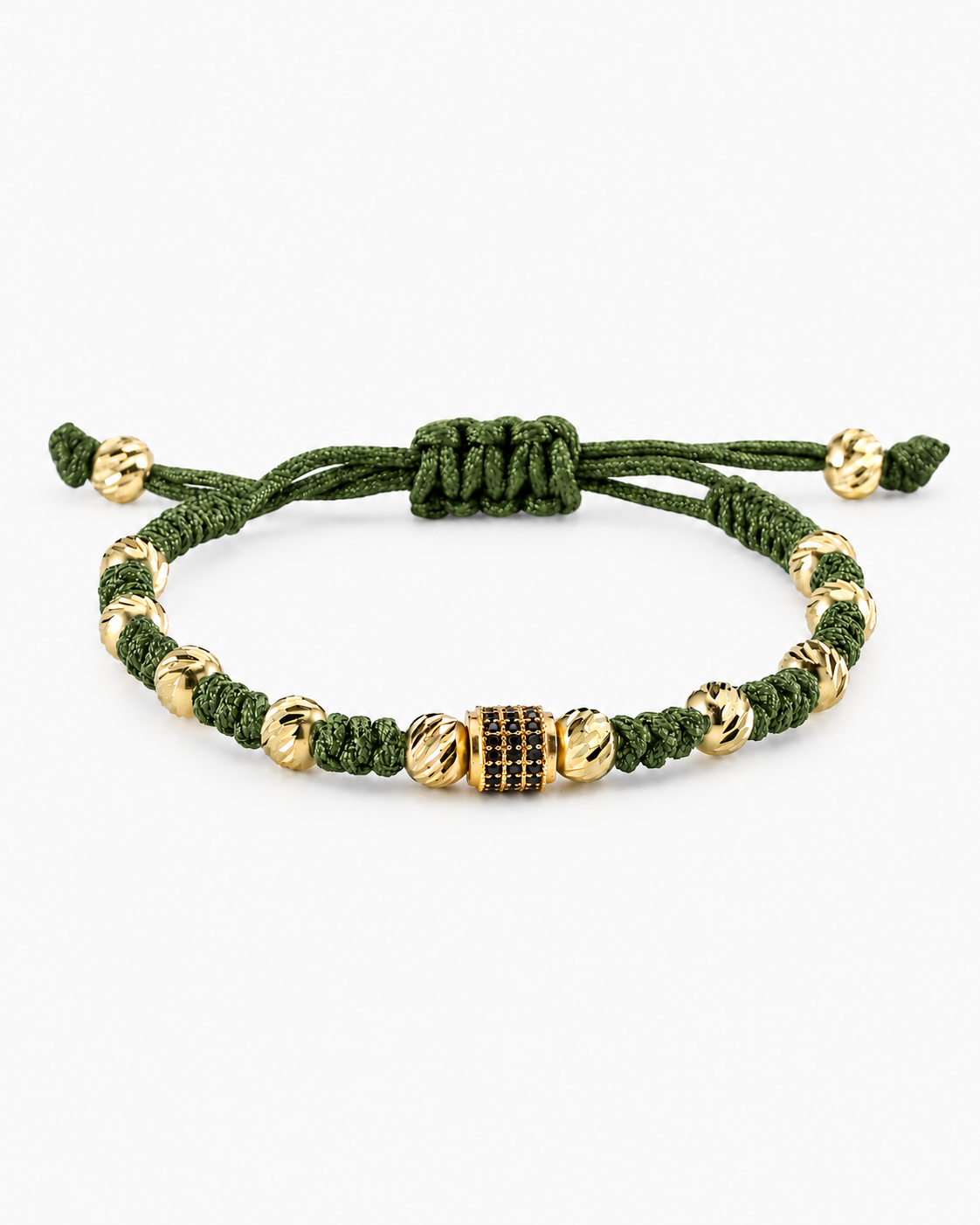 Green bracelet with gold beads on a white background #Color_Green