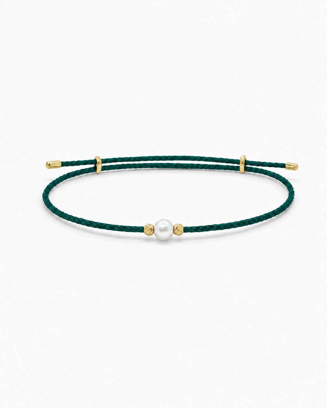 Green bracelet with a pearl and gold accents on a white background #Color_