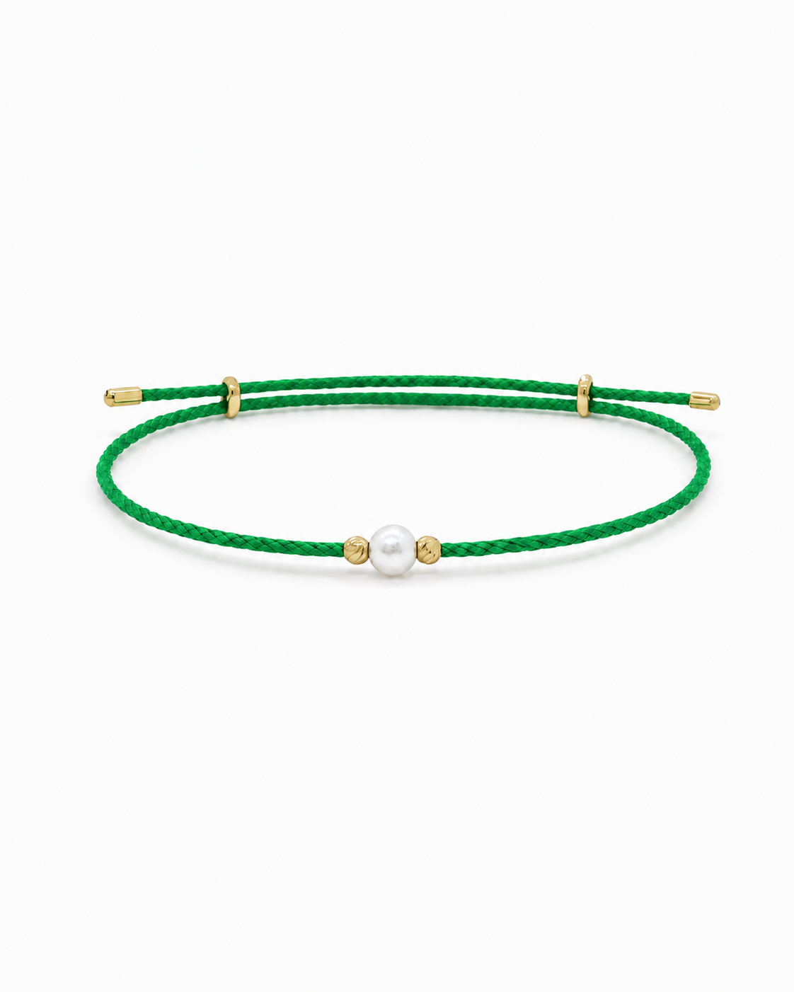 Green bracelet with a pearl and gold accents on a white background #Color_